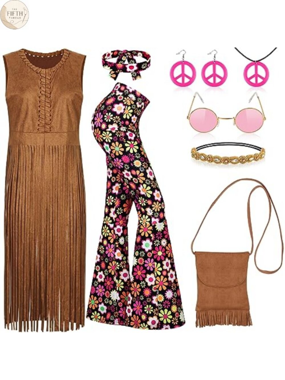 70s Hippie Costume Set Fringe Vest Faux Suede Flared Pants Halloween
